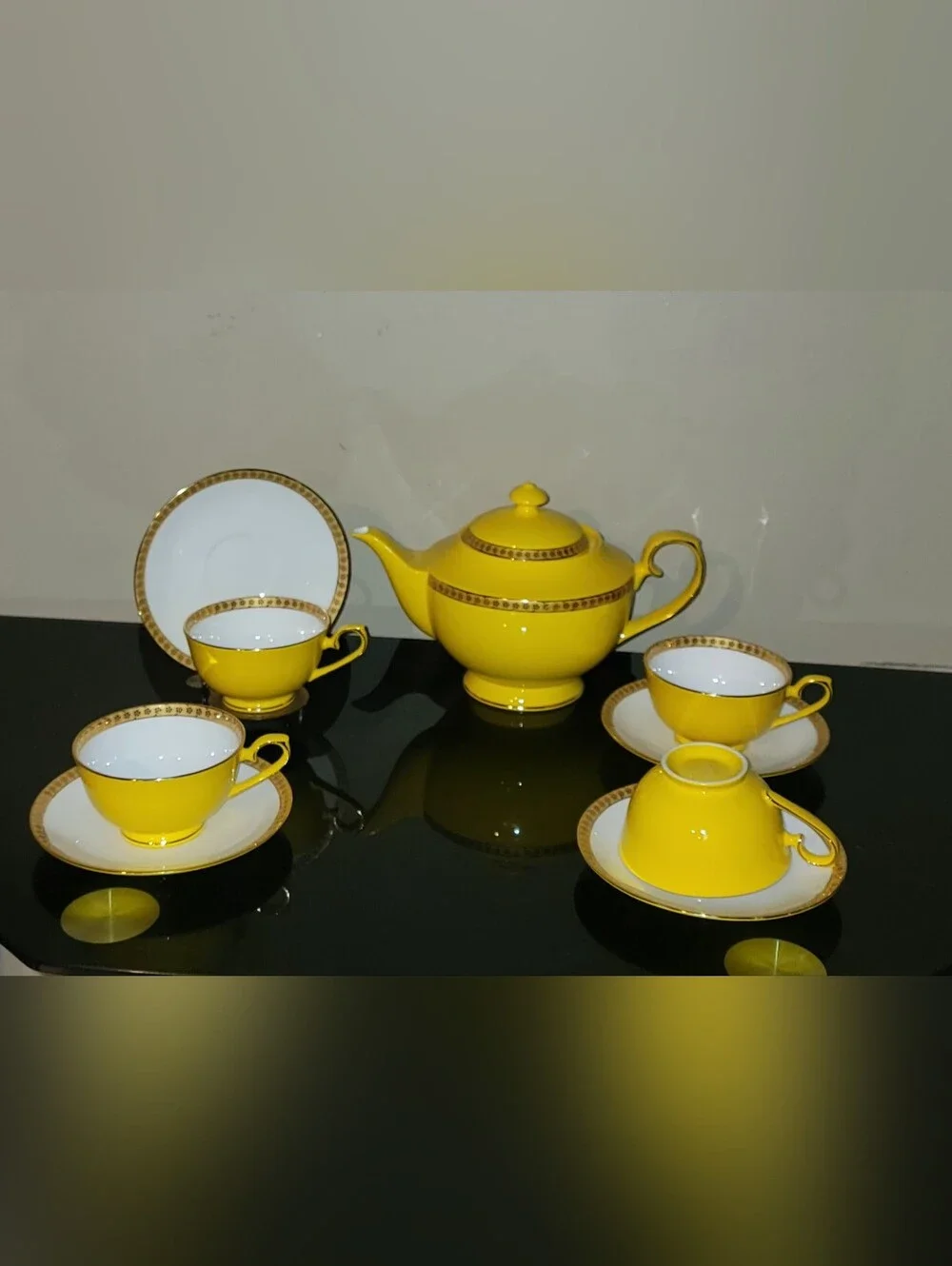 VINTAGE TEAVANA NOBLE POPPY Yellow Porcelain 10 PiecesTea Set with 14K Gold Trim